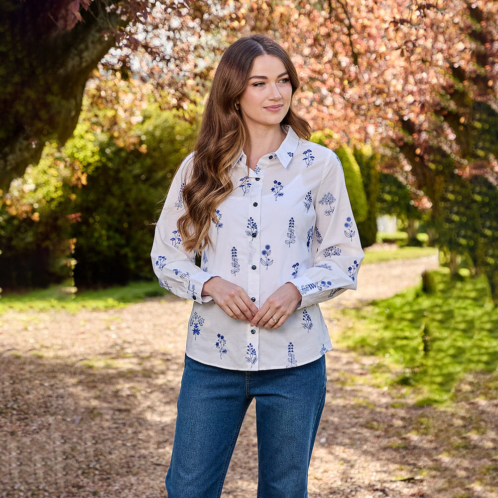 Mudflower Blue Floral Embroidered Long Sleeve Shirt (Size 16)