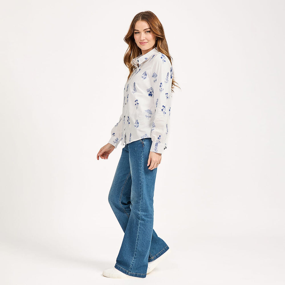 Mudflower Blue Floral Embroidered Long Sleeve Shirt (Size 16)