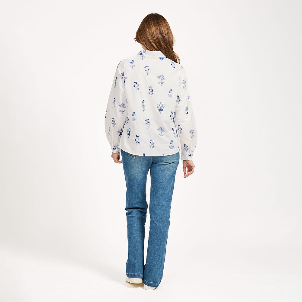 Mudflower Blue Floral Embroidered Long Sleeve Shirt (Size 16)