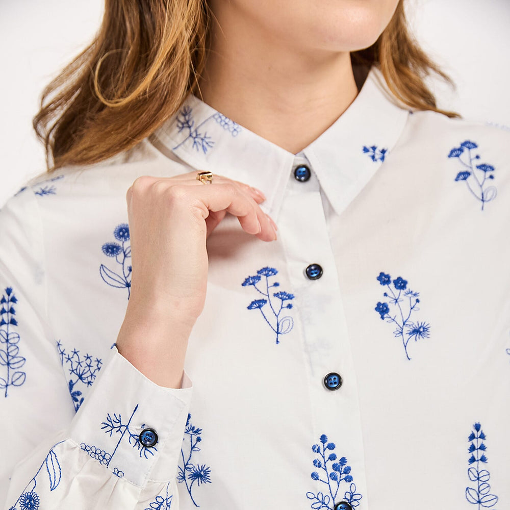 Mudflower Blue Floral Embroidered Long Sleeve Shirt (Size 16)