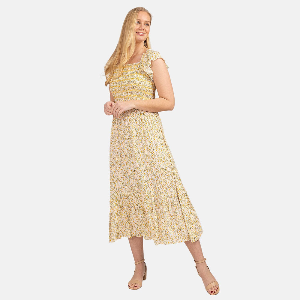 Mudflower Pattern Flutter Sleeve Midi Dress (Size 12) - Yellow