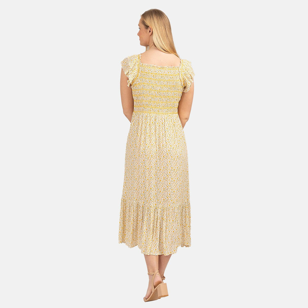 Mudflower Pattern Flutter Sleeve Midi Dress (Size 12) - Yellow