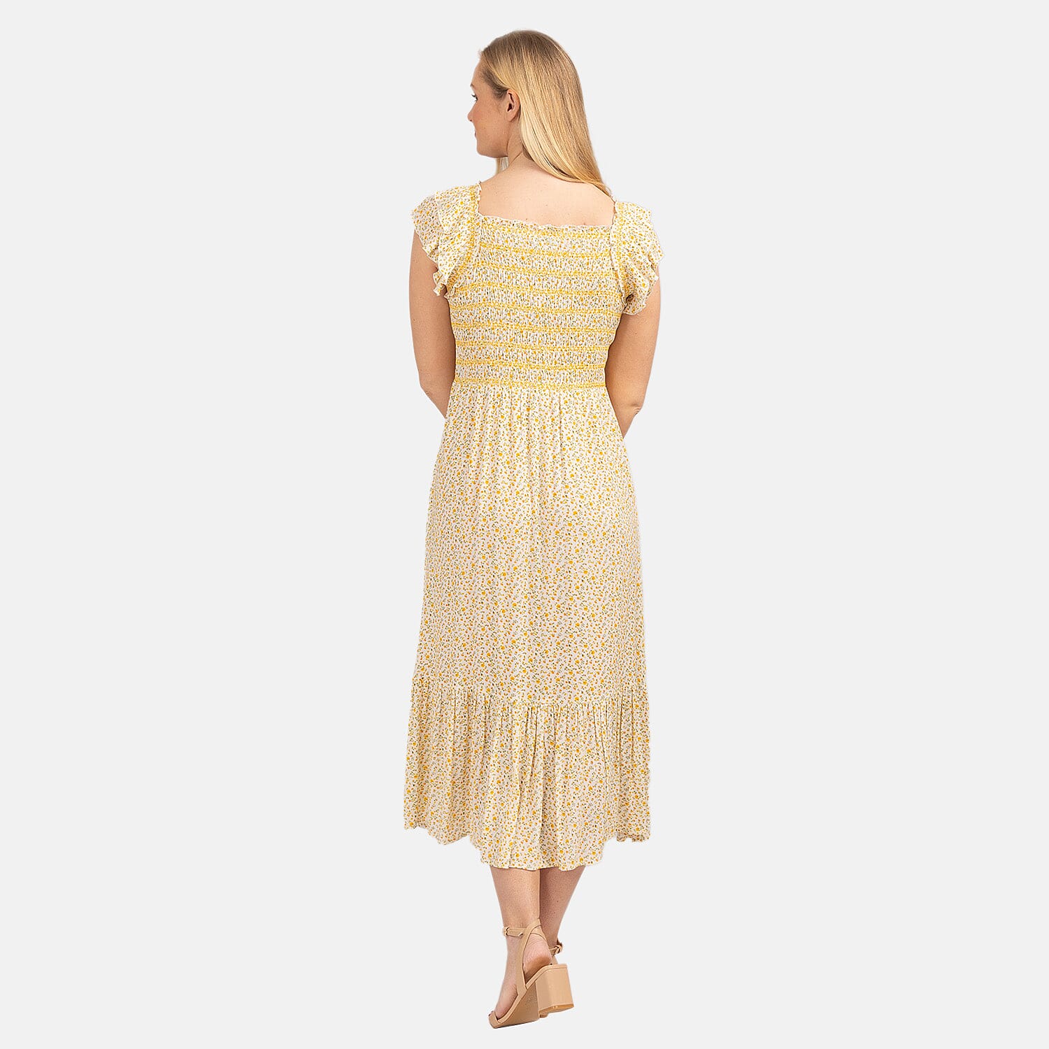 Mudflower Pattern Flutter Sleeve Midi Dress (Size 12) - Yellow