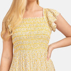 Mudflower Pattern Flutter Sleeve Midi Dress (Size 12) - Yellow