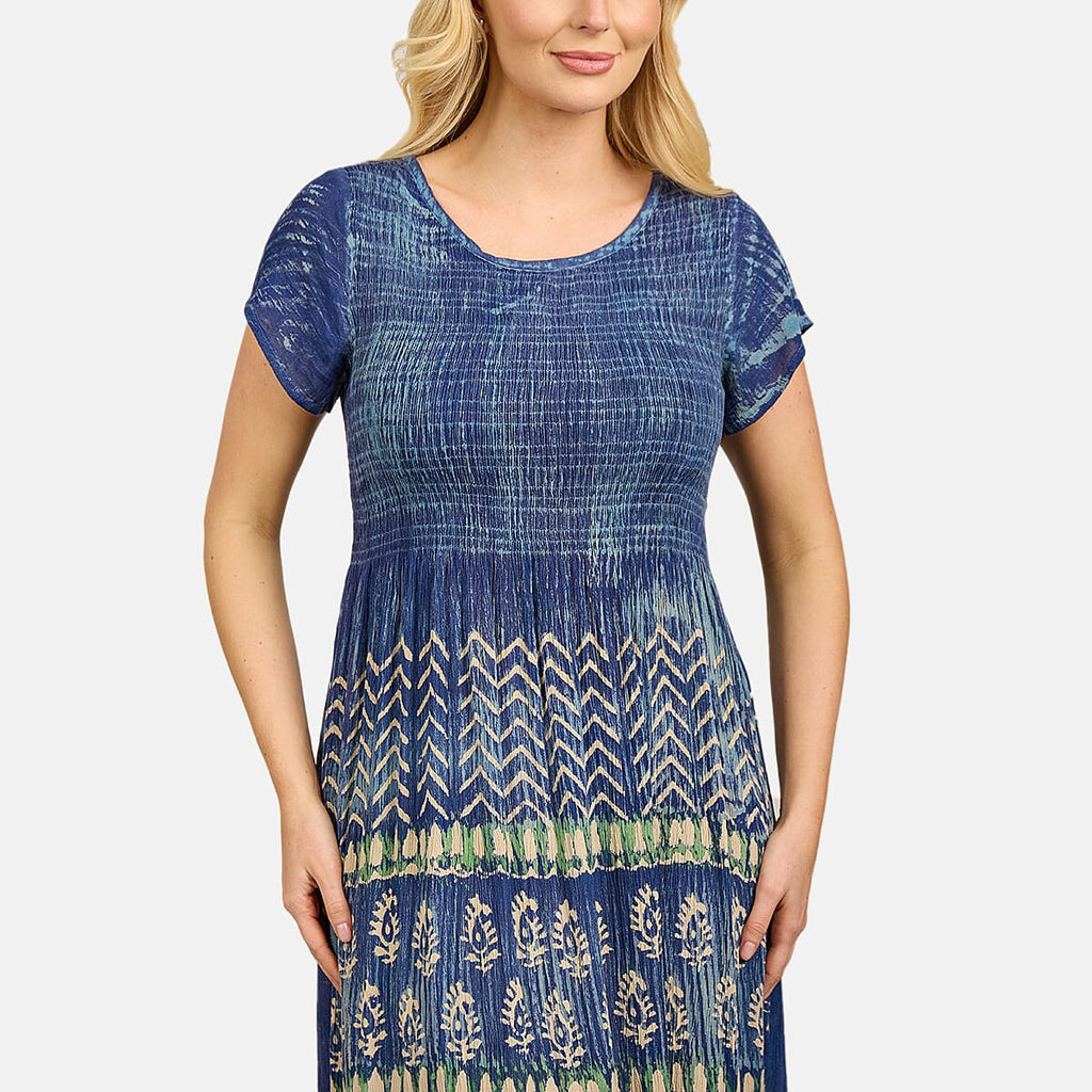 Mudflower 100% Viscose Tye Dye and Batik Shirred Dress (Size 12) - Navy