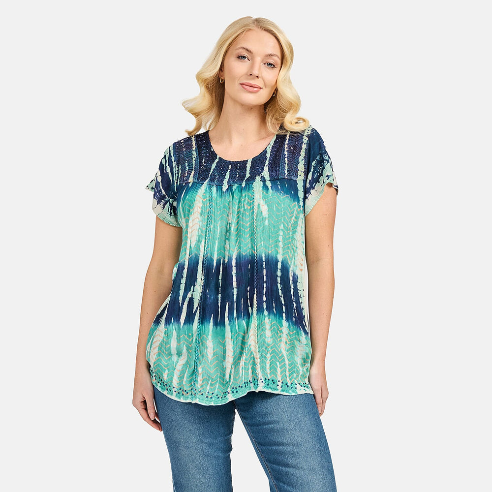 Mudflower 100% Viscose Patterned Top (Size 12) - Navy - Turquoise