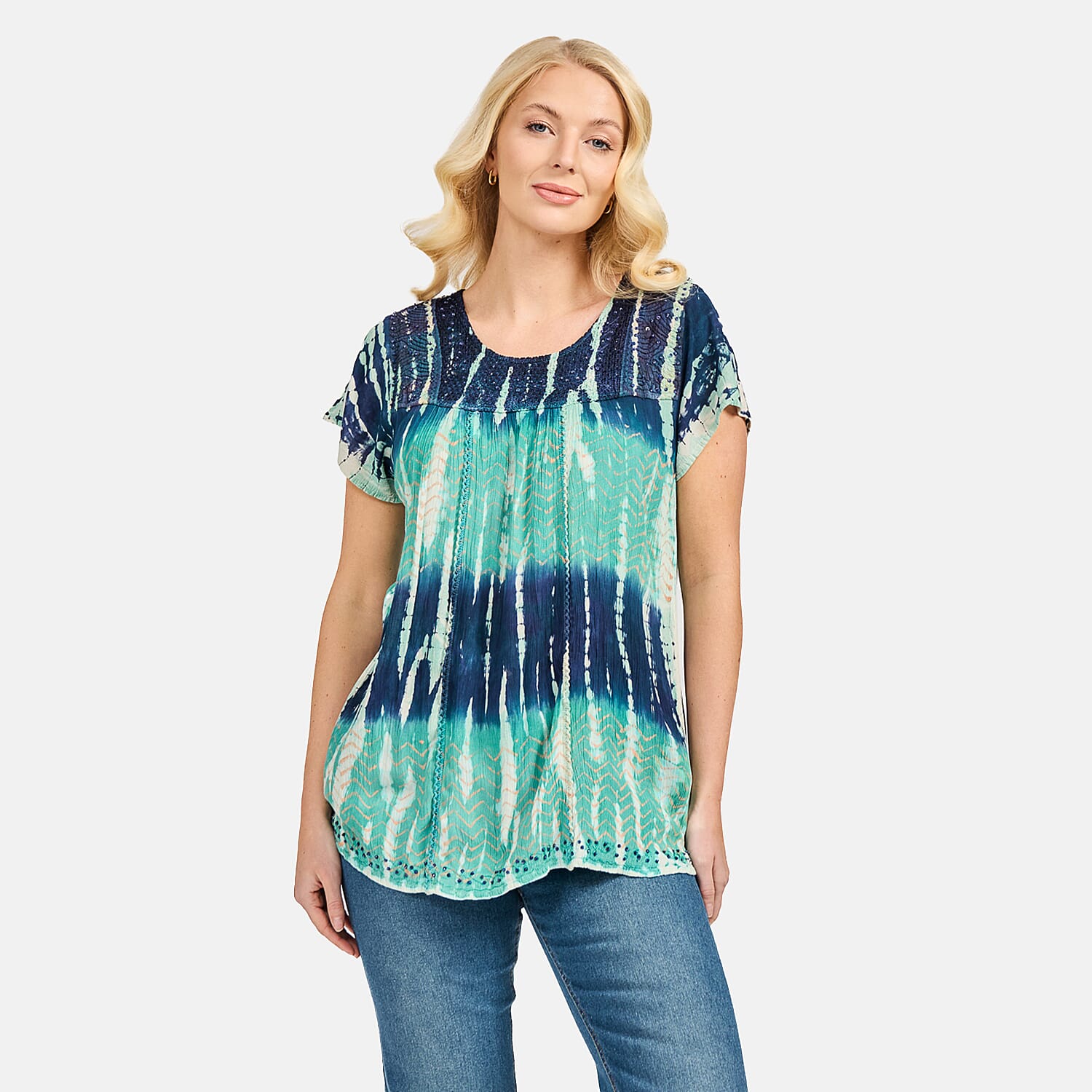 Mudflower 100% Viscose Patterned Top (Size 12) - Navy - Turquoise
