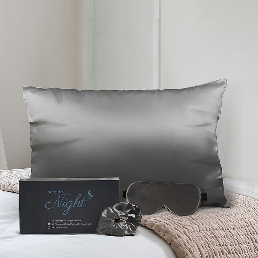 Set of 2 - 100% Mulberry Silk Front Side- Pillowcase,(50x75cm) Eye Mask (23.5x10.5cm) - Grey