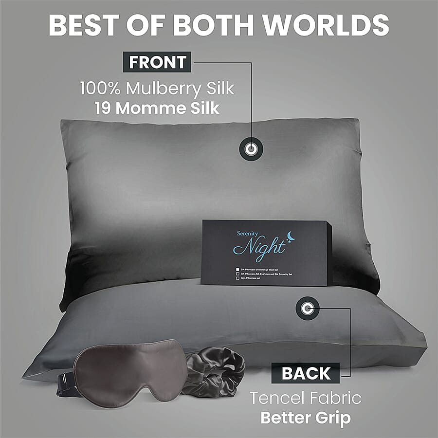 Set of 2 - 100% Mulberry Silk Front Side- Pillowcase,(50x75cm) Eye Mask (23.5x10.5cm) - Grey