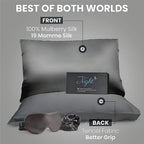 Set of 2 - 100% Mulberry Silk Front Side- Pillowcase,(50x75cm) Eye Mask (23.5x10.5cm) - Grey