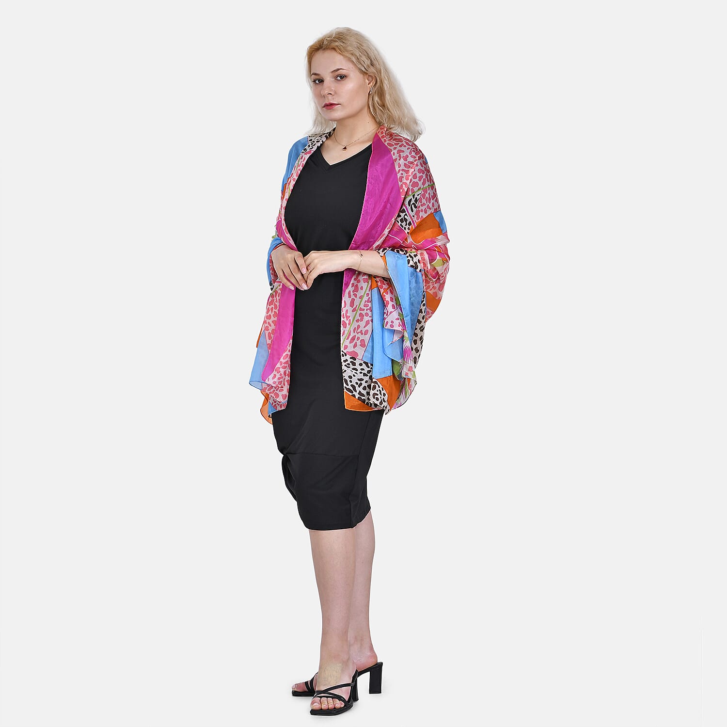 La Marey 100% Mulberry Silk Patchwork Printed Scarf (Size 180x110 cm) - Orange & Pink