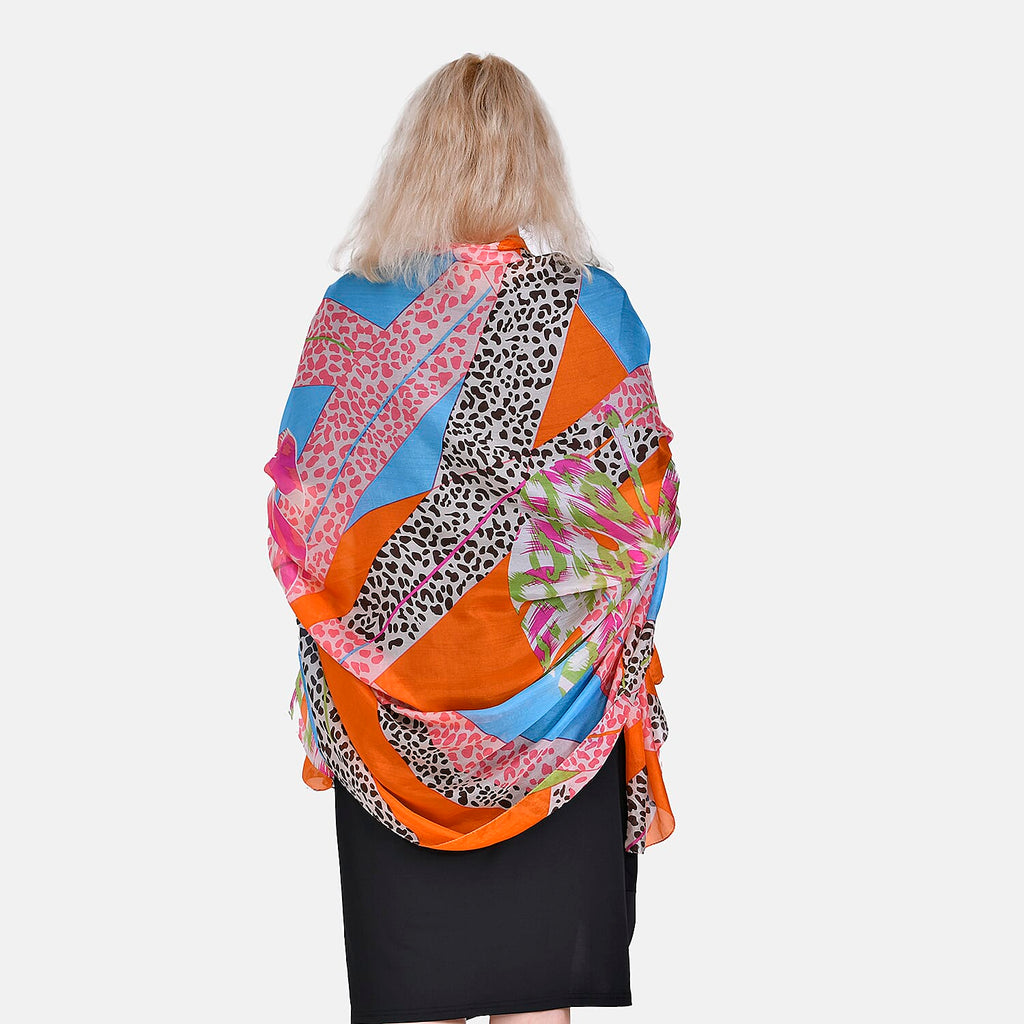 La Marey 100% Mulberry Silk Patchwork Printed Scarf (Size 180x110 cm) - Orange & Pink