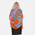La Marey 100% Mulberry Silk Patchwork Printed Scarf (Size 180x110 cm) - Orange & Pink