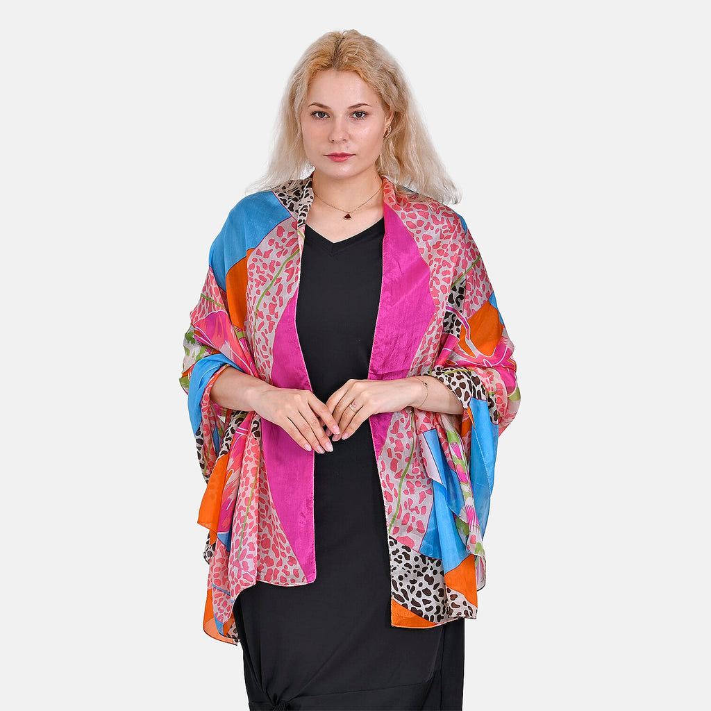 La Marey 100% Mulberry Silk Patchwork Printed Scarf (Size 180x110 cm) - Orange & Pink