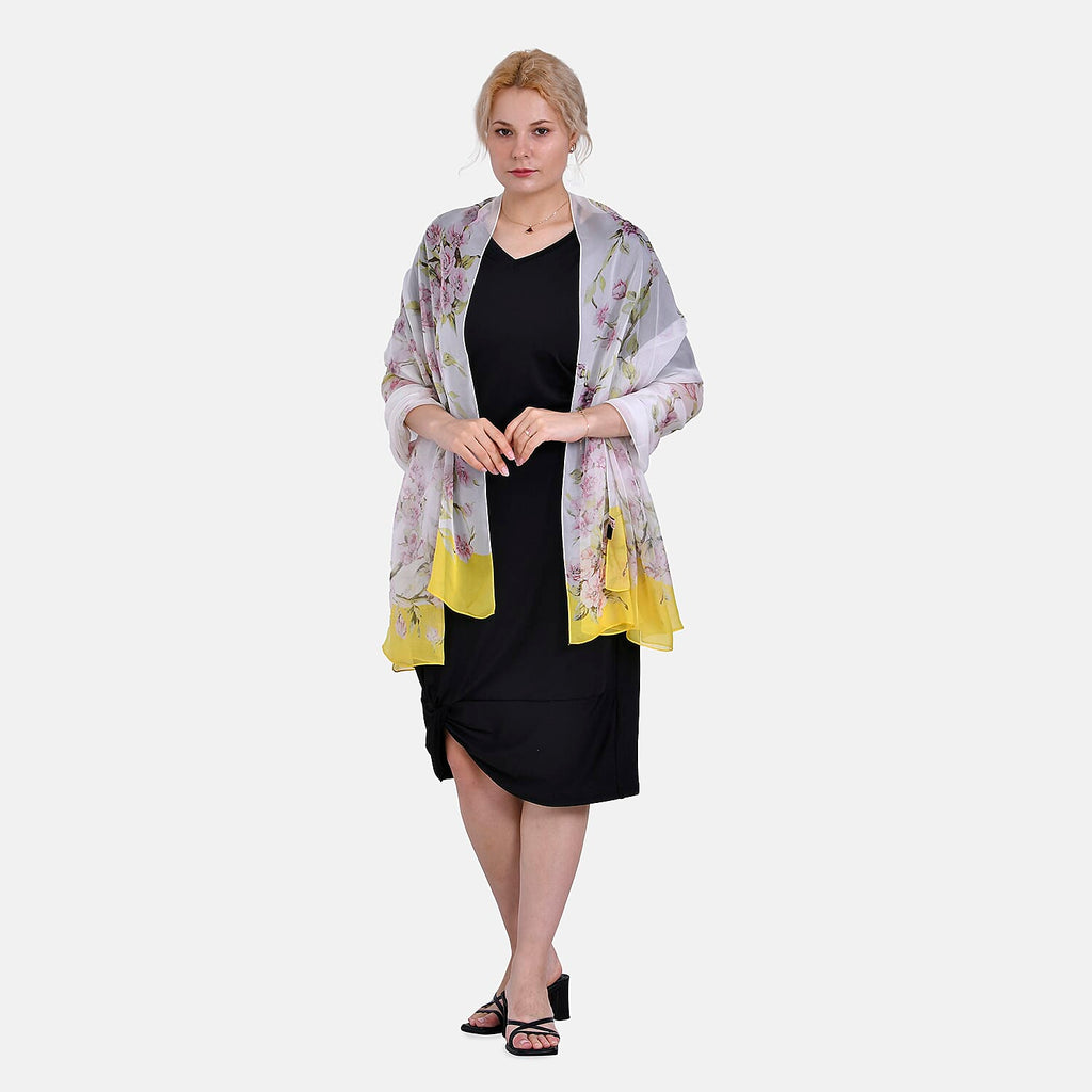La Marey 100% Mulberry Silk Floral Printed Scarf (Size 180x110 cm) - Yellow