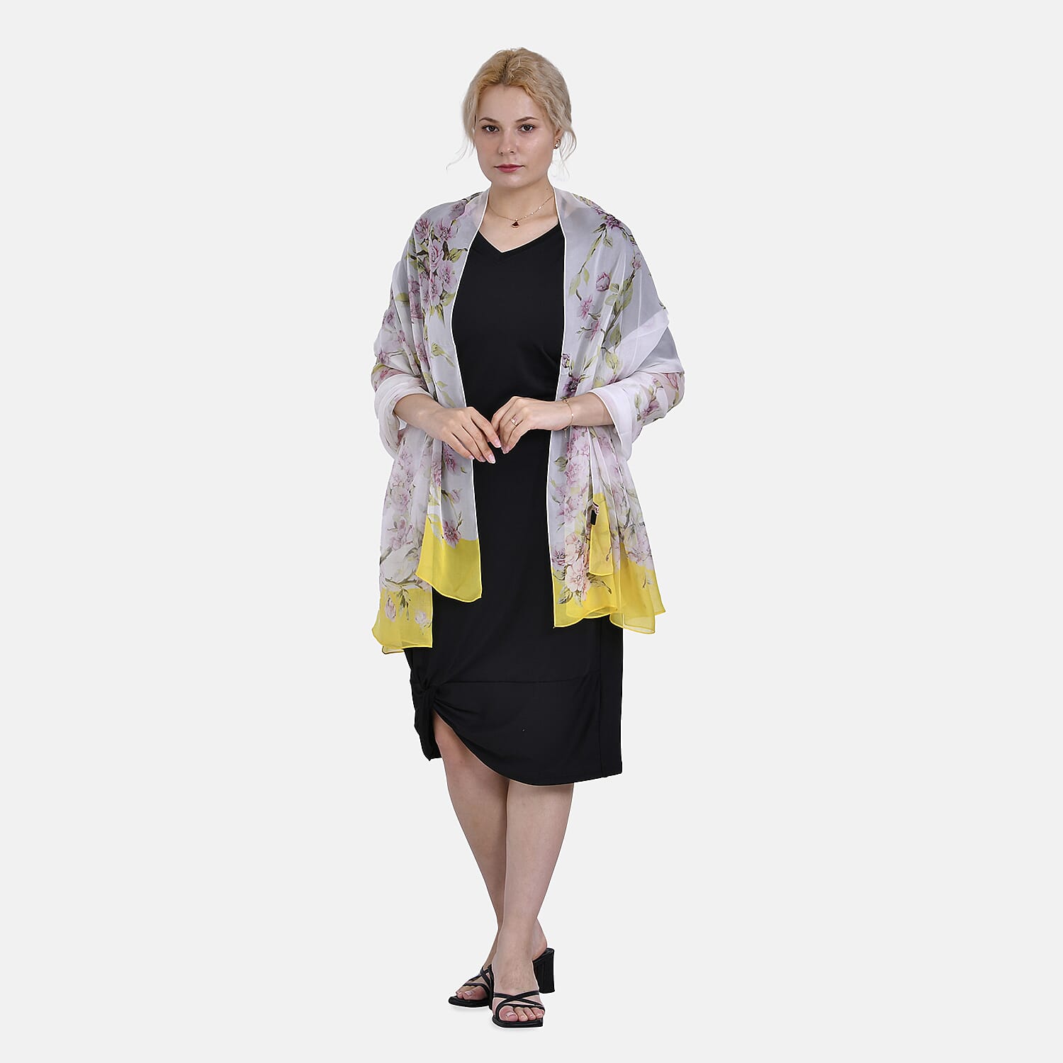 La Marey 100% Mulberry Silk Floral Printed Scarf (Size 180x110 cm) - Yellow