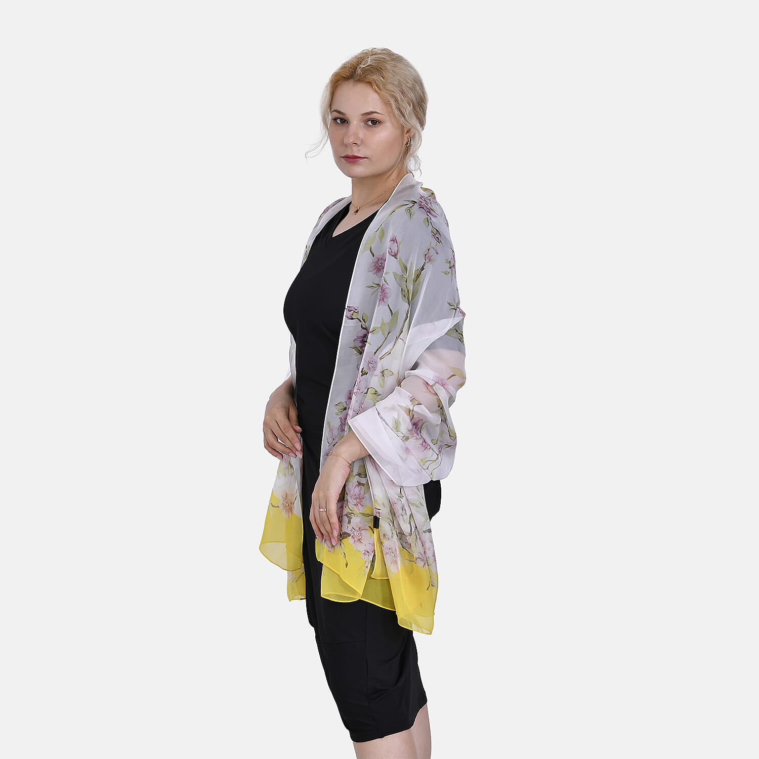 La Marey 100% Mulberry Silk Floral Printed Scarf (Size 180x110 cm) - Yellow