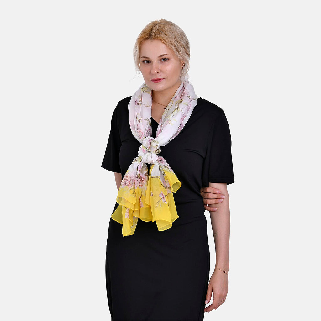 La Marey 100% Mulberry Silk Floral Printed Scarf (Size 180x110 cm) - Yellow