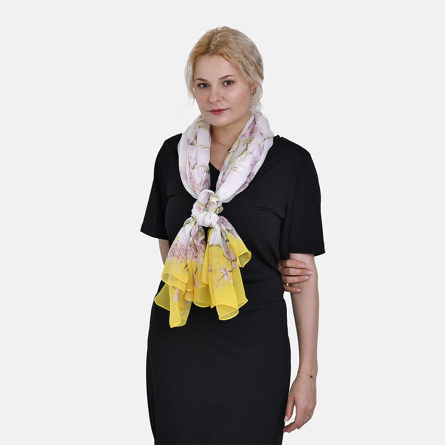 La Marey 100% Mulberry Silk Floral Printed Scarf (Size 180x110 cm) - Yellow