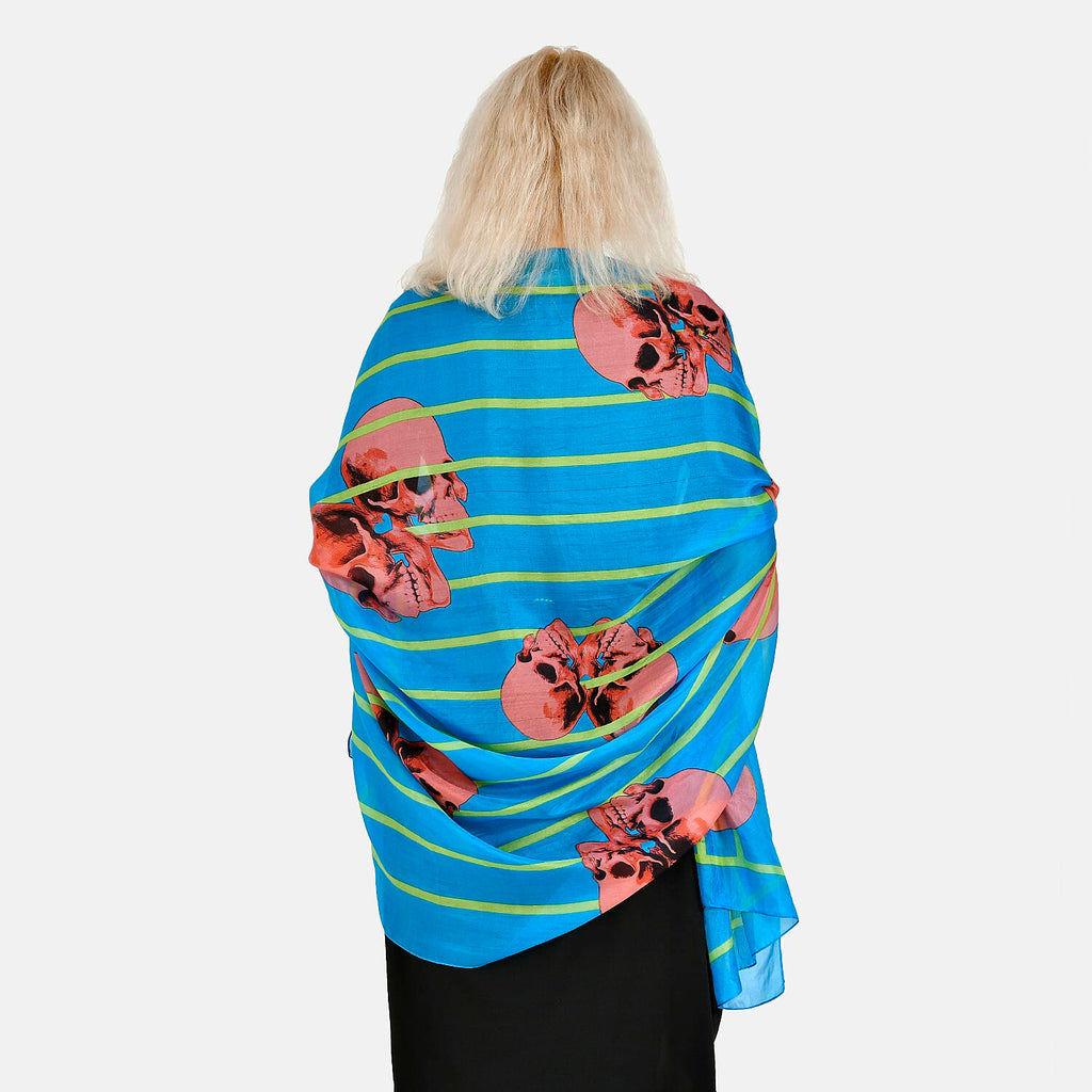 La Marey 100% Mulberry Silk Skull Design Printed Scarf (Size 180x110 cm) - Red - Blue