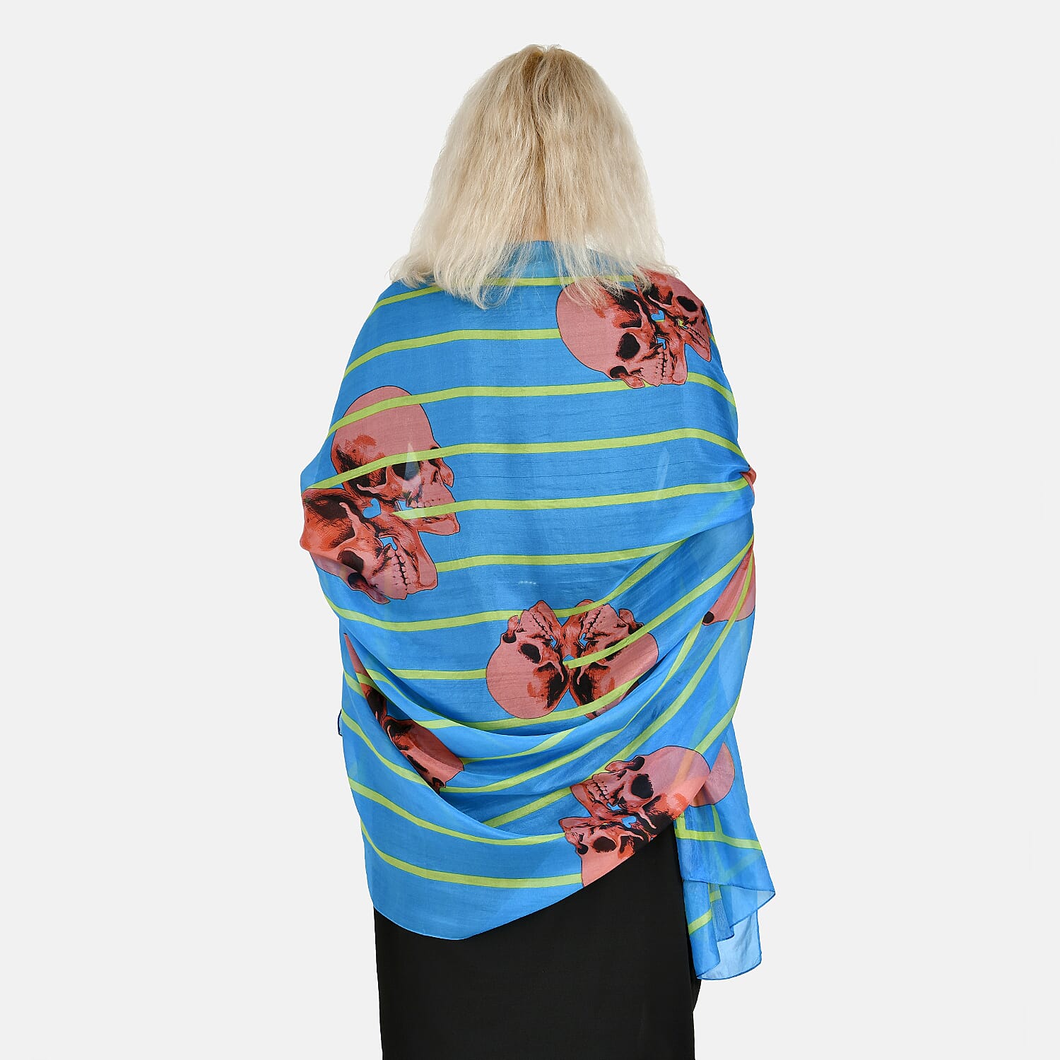 La Marey 100% Mulberry Silk Skull Design Printed Scarf (Size 180x110 cm) - Red - Blue