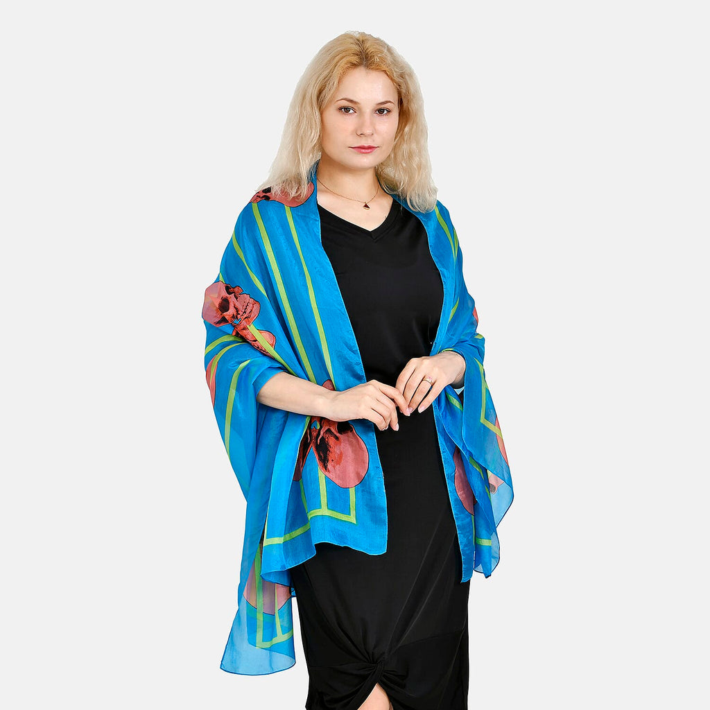 La Marey 100% Mulberry Silk Skull Design Printed Scarf (Size 180x110 cm) - Red - Blue