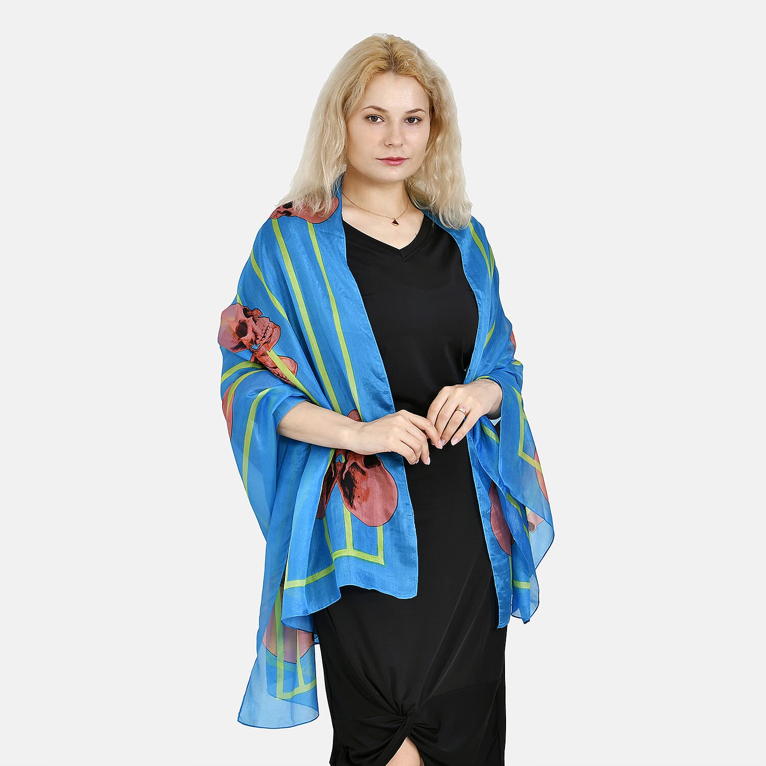 La Marey 100% Mulberry Silk Skull Design Printed Scarf (Size 180x110 cm) - Red - Blue