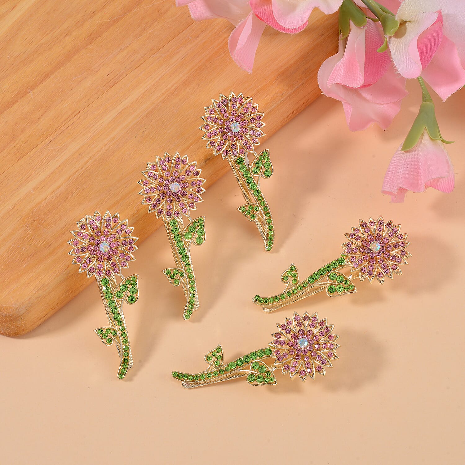 Set of 5 - Multicolour  Austrian Crystal Flower Hair Clips