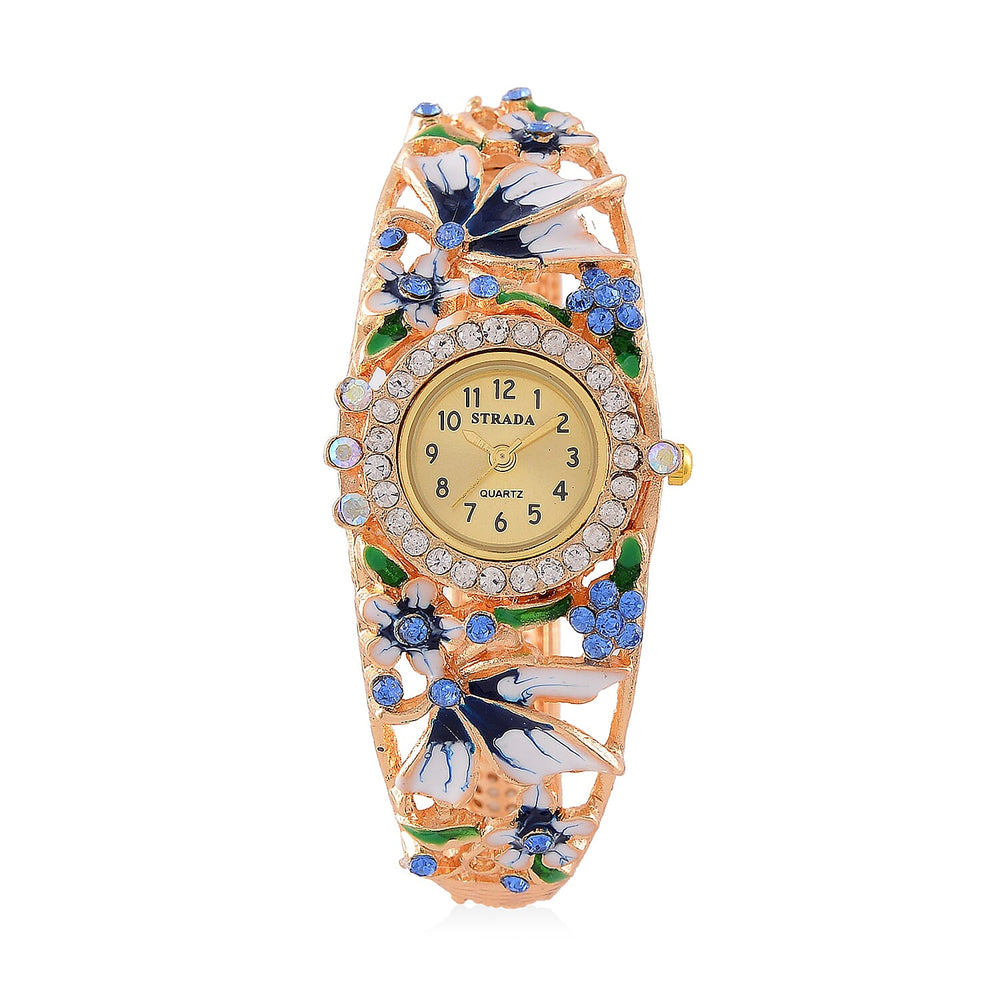 STRADA Japanese Movt. Water-Resistant Floral Bangle Watch with Blue and Multi Color Enamel & Crystal Strap