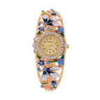 STRADA Japanese Movt. Water-Resistant Floral Bangle Watch with Blue and Multi Color Enamel & Crystal Strap