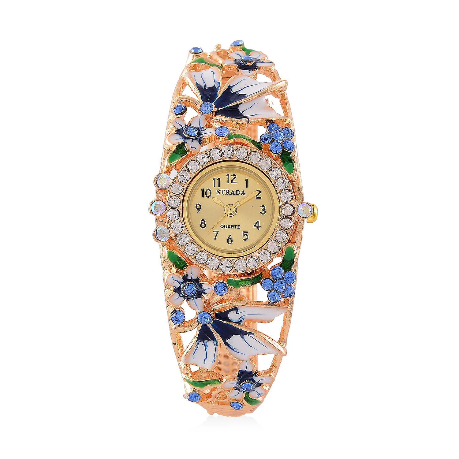 STRADA Japanese Movt. Water-Resistant Floral Bangle Watch with Blue and Multi Color Enamel & Crystal Strap