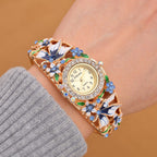 STRADA Japanese Movt. Water-Resistant Floral Bangle Watch with Blue and Multi Color Enamel & Crystal Strap