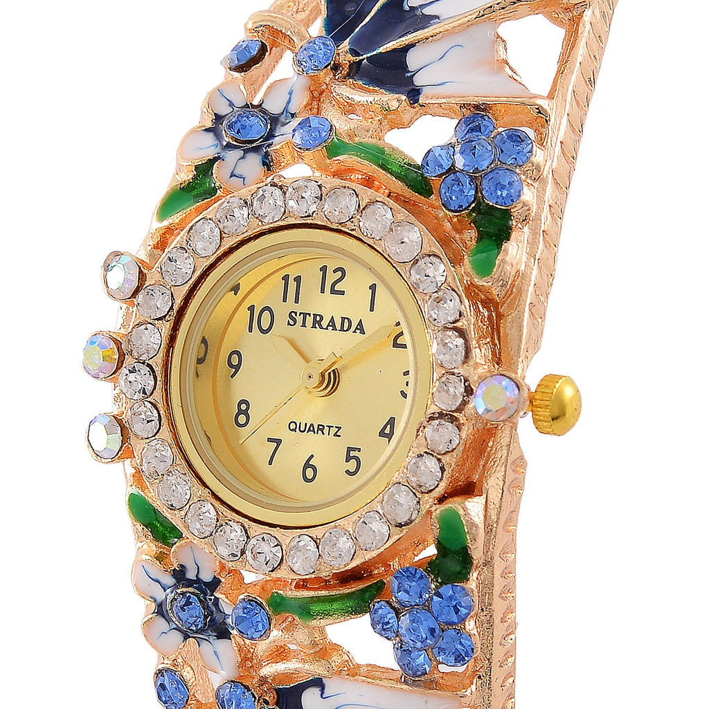 STRADA Japanese Movt. Water-Resistant Floral Bangle Watch with Blue and Multi Color Enamel & Crystal Strap
