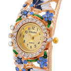 STRADA Japanese Movt. Water-Resistant Floral Bangle Watch with Blue and Multi Color Enamel & Crystal Strap