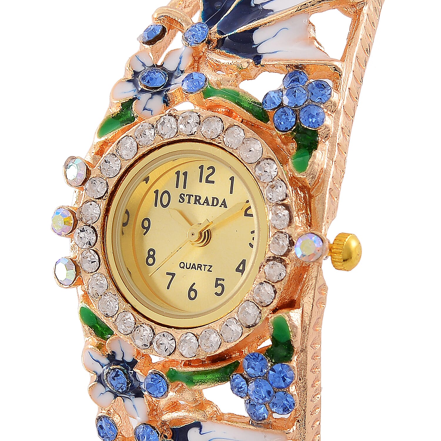 STRADA Japanese Movt. Water-Resistant Floral Bangle Watch with Blue and Multi Color Enamel & Crystal Strap