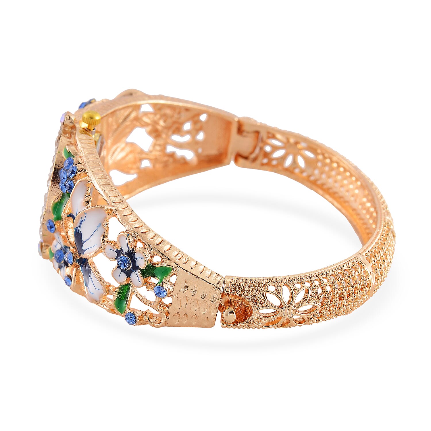 STRADA Japanese Movt. Water-Resistant Floral Bangle Watch with Blue and Multi Color Enamel & Crystal Strap