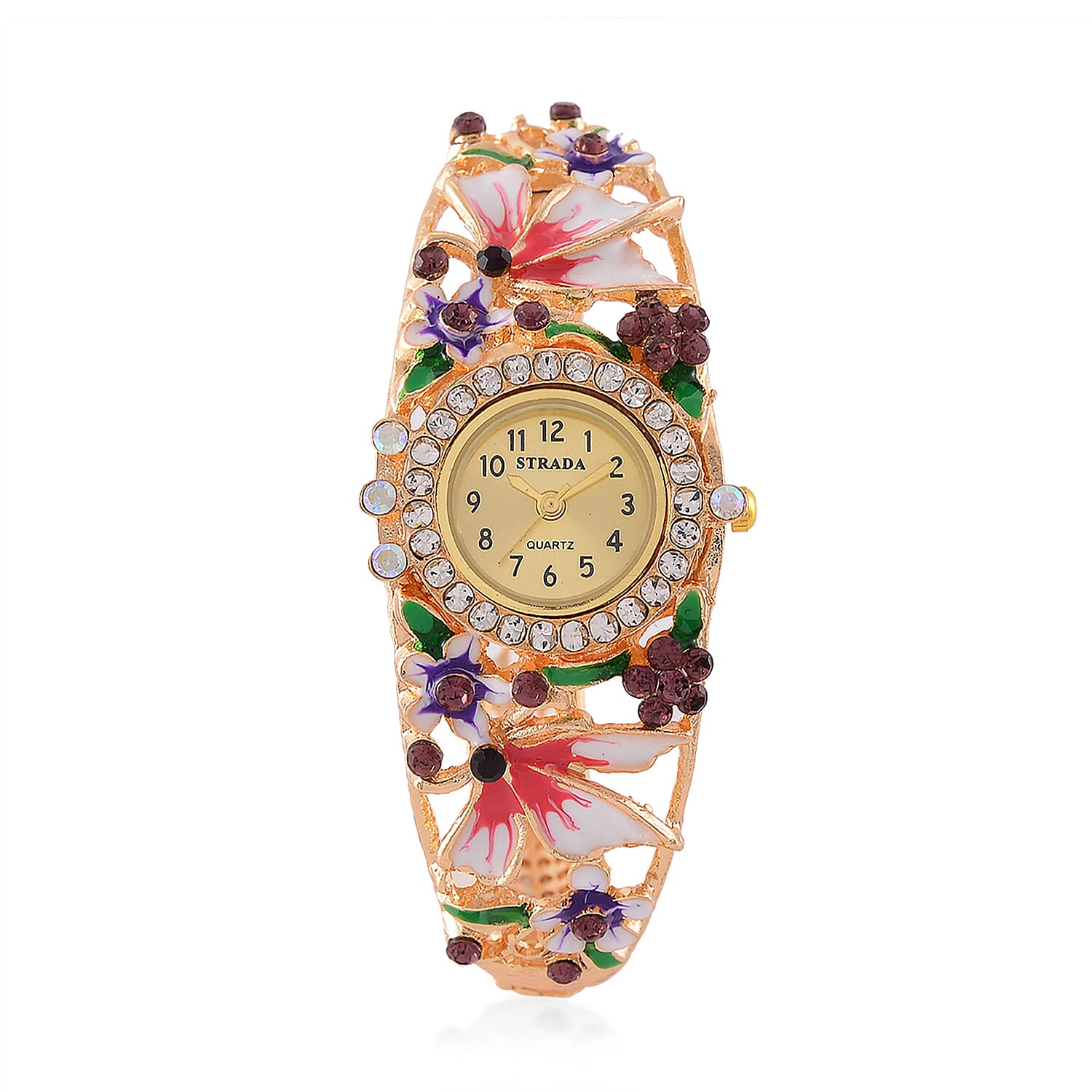STRADA Japanese Movt. Water-Resistant Floral Bangle Watch with Pink and Multi Color Enamel & Crystal Strap