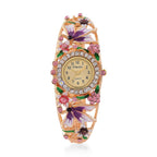 STRADA Japanese Movt. Water-Resistant Floral Bangle Watch with Purple & Multi Color Enamel & Crystal Strap