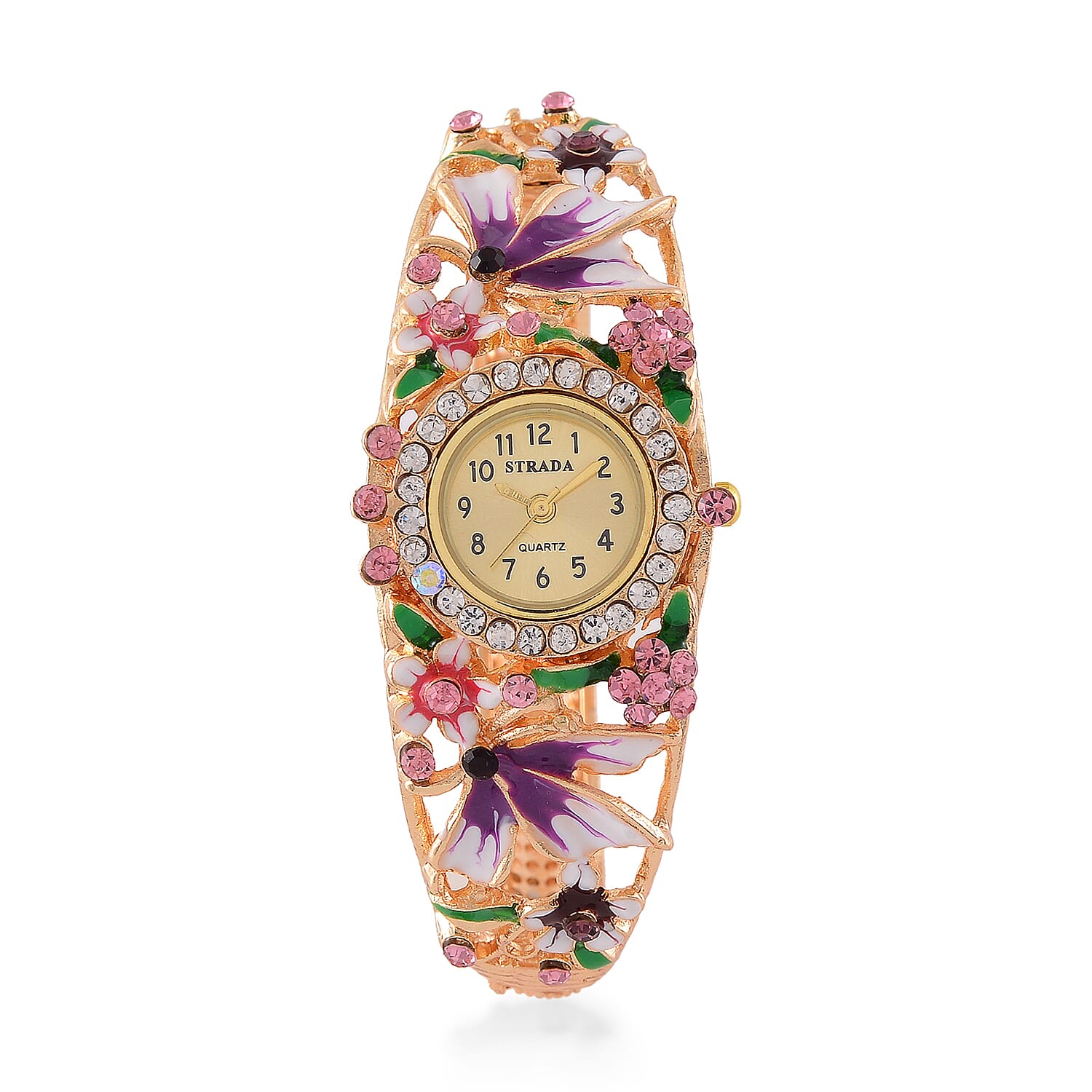 STRADA Japanese Movt. Water-Resistant Floral Bangle Watch with Purple & Multi Color Enamel & Crystal Strap