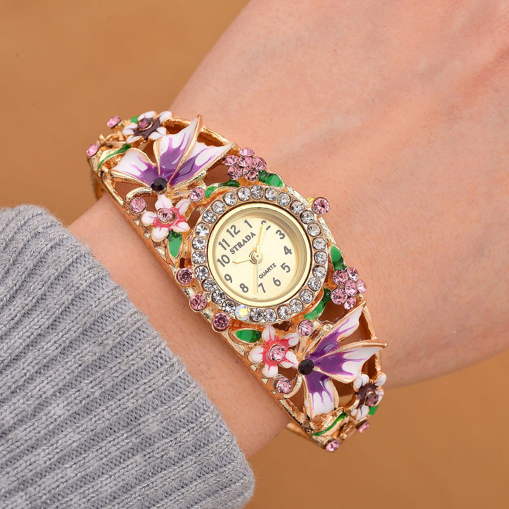 STRADA Japanese Movt. Water-Resistant Floral Bangle Watch with Purple & Multi Color Enamel & Crystal Strap