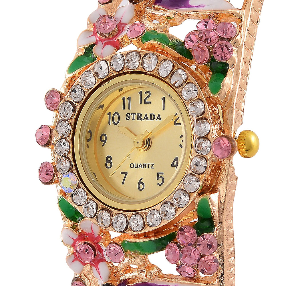 STRADA Japanese Movt. Water-Resistant Floral Bangle Watch with Purple & Multi Color Enamel & Crystal Strap