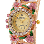 STRADA Japanese Movt. Water-Resistant Floral Bangle Watch with Purple & Multi Color Enamel & Crystal Strap