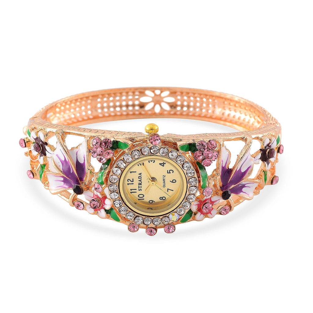 STRADA Japanese Movt. Water-Resistant Floral Bangle Watch with Purple & Multi Color Enamel & Crystal Strap