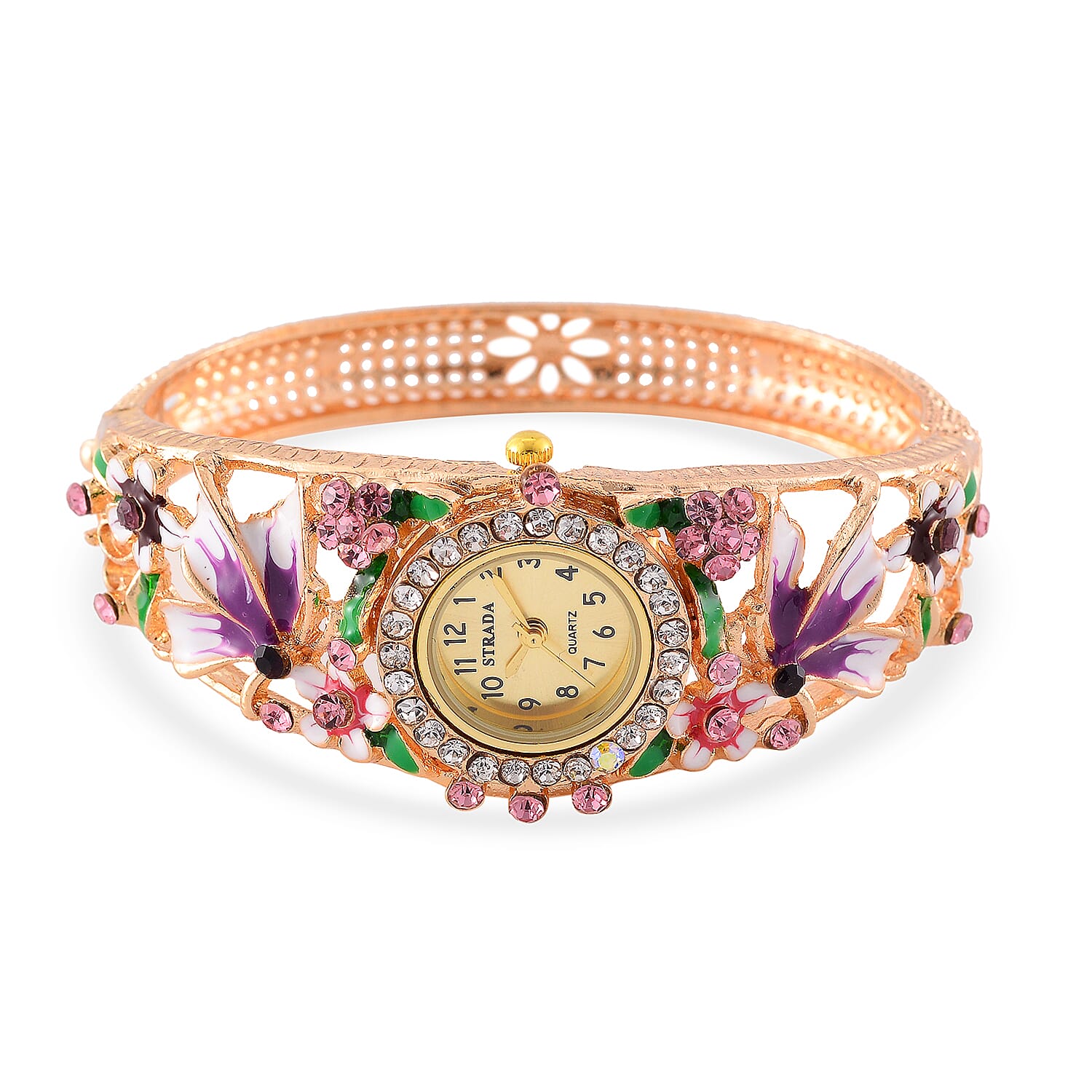 STRADA Japanese Movt. Water-Resistant Floral Bangle Watch with Purple & Multi Color Enamel & Crystal Strap