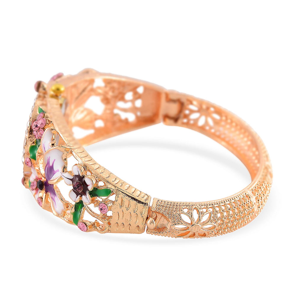 STRADA Japanese Movt. Water-Resistant Floral Bangle Watch with Purple & Multi Color Enamel & Crystal Strap