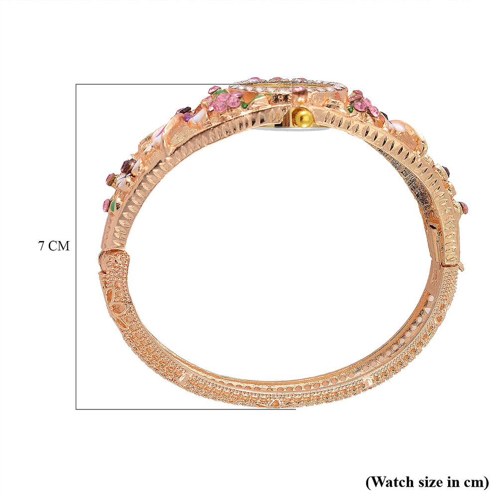 STRADA Japanese Movt. Water-Resistant Floral Bangle Watch with Purple & Multi Color Enamel & Crystal Strap