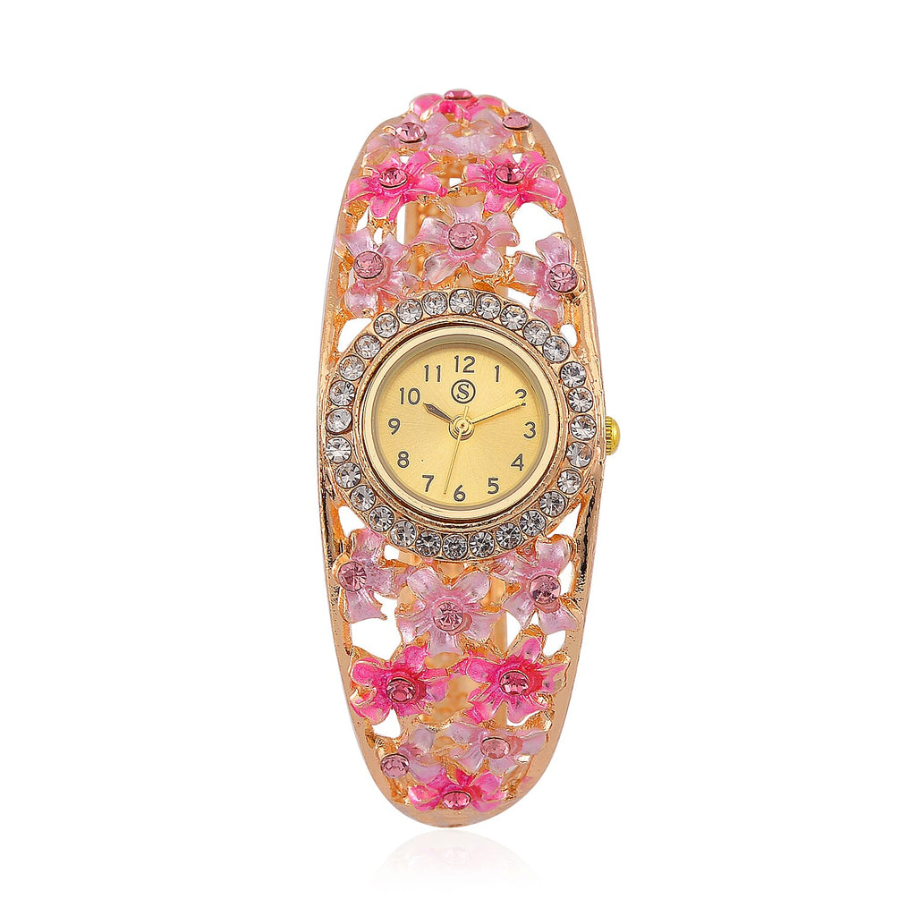 Strada Austrian Crystal Enamelled Bangle Watch - Pink