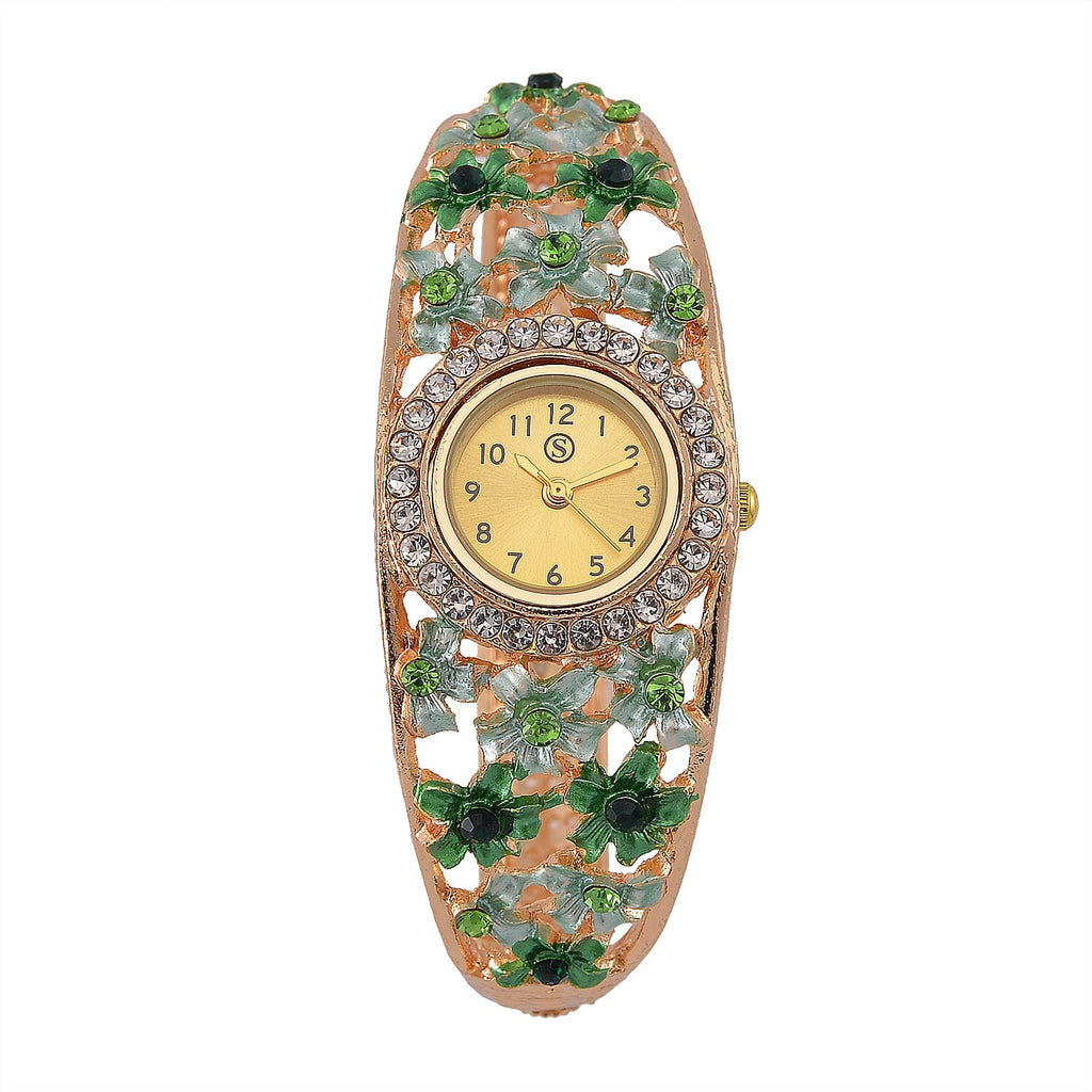 Strada Austrian Crystal Enamelled Bangle Watch - Green