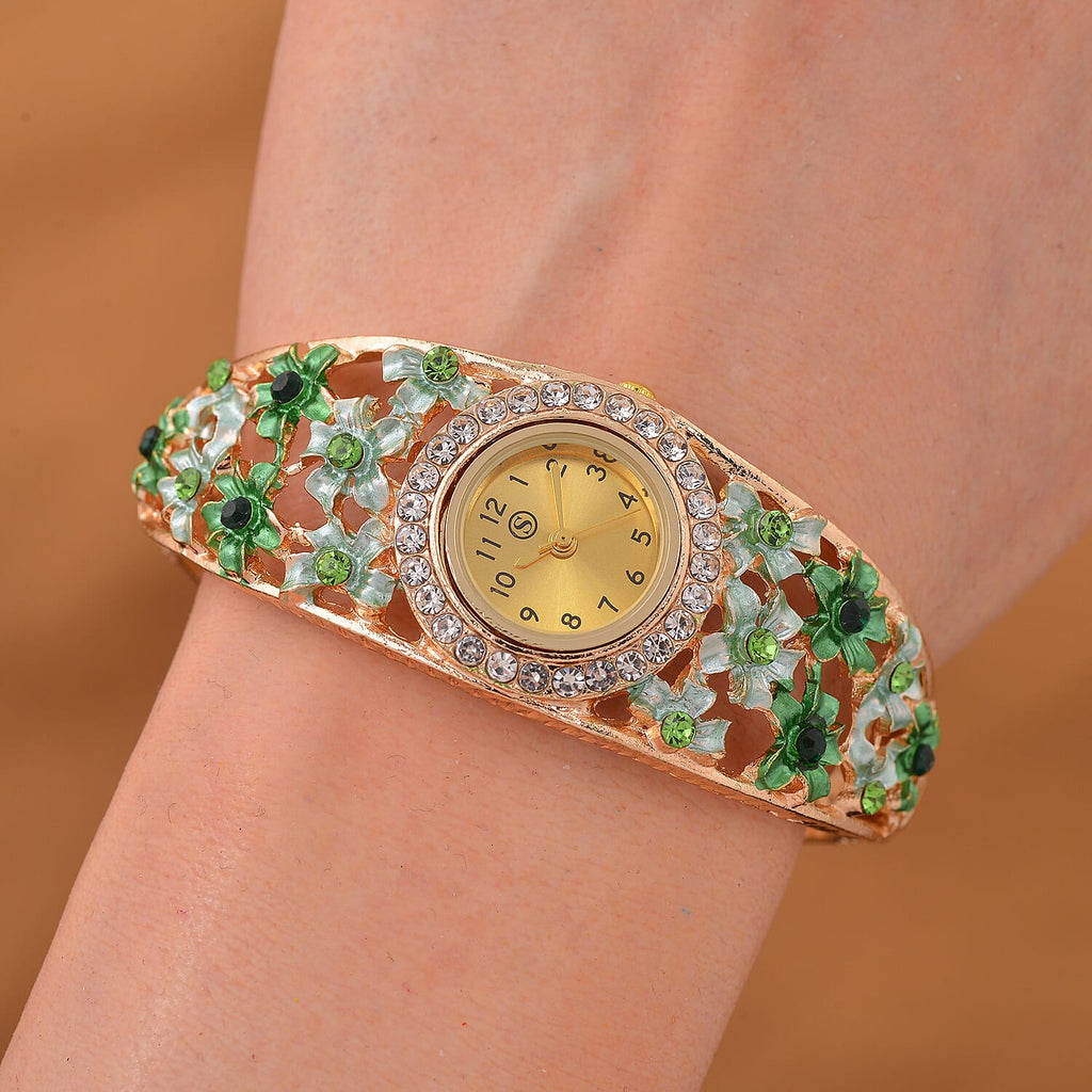 Strada Austrian Crystal Enamelled Bangle Watch - Green