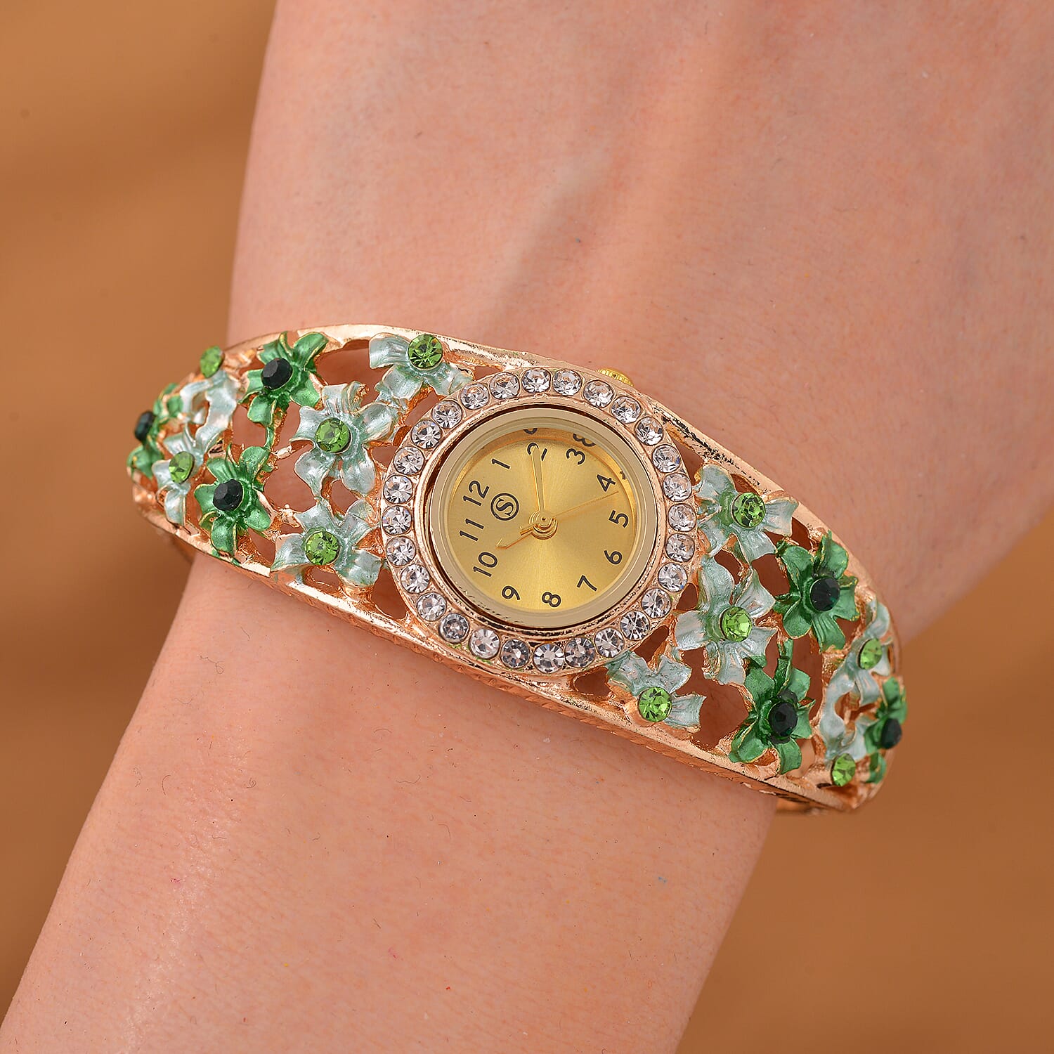 Strada Austrian Crystal Enamelled Bangle Watch - Green